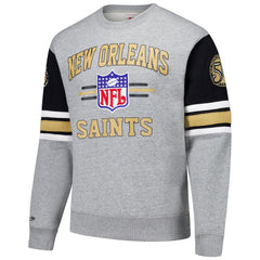 New Orleans Saints All Over 4.0 Vintage Logo Pullover Sweatshirt Heather Gray | Mitchell & Ness