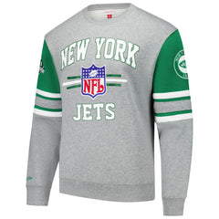 New York Jets All Over 4.0 Vintage Logo Pullover Sweatshirt Heather Gray | Mitchell & Ness