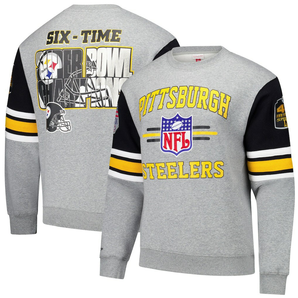 Pittsburgh Steelers All Over 4.0 Vintage Logo Pullover Sweatshirt Heather Gray | Mitchell & Ness