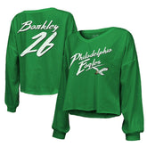 Saquon Barkley Philadelphia Eagles Majestic Threads Women's Name & Number Off-Shoulder Script Cropped Long Sleeve Relaxed V-Neck T-Shirt Kelly Green | NFL