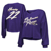 Derrick Henry Baltimore Ravens Majestic Threads Women's Name & Number Off-Shoulder Script Cropped Long Sleeve Relaxed V-Neck T-Shirt Purple | NFL