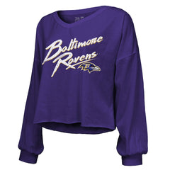 Derrick Henry Baltimore Ravens Majestic Threads Women's Name & Number Off-Shoulder Script Cropped Long Sleeve Relaxed V-Neck T-Shirt Purple | NFL