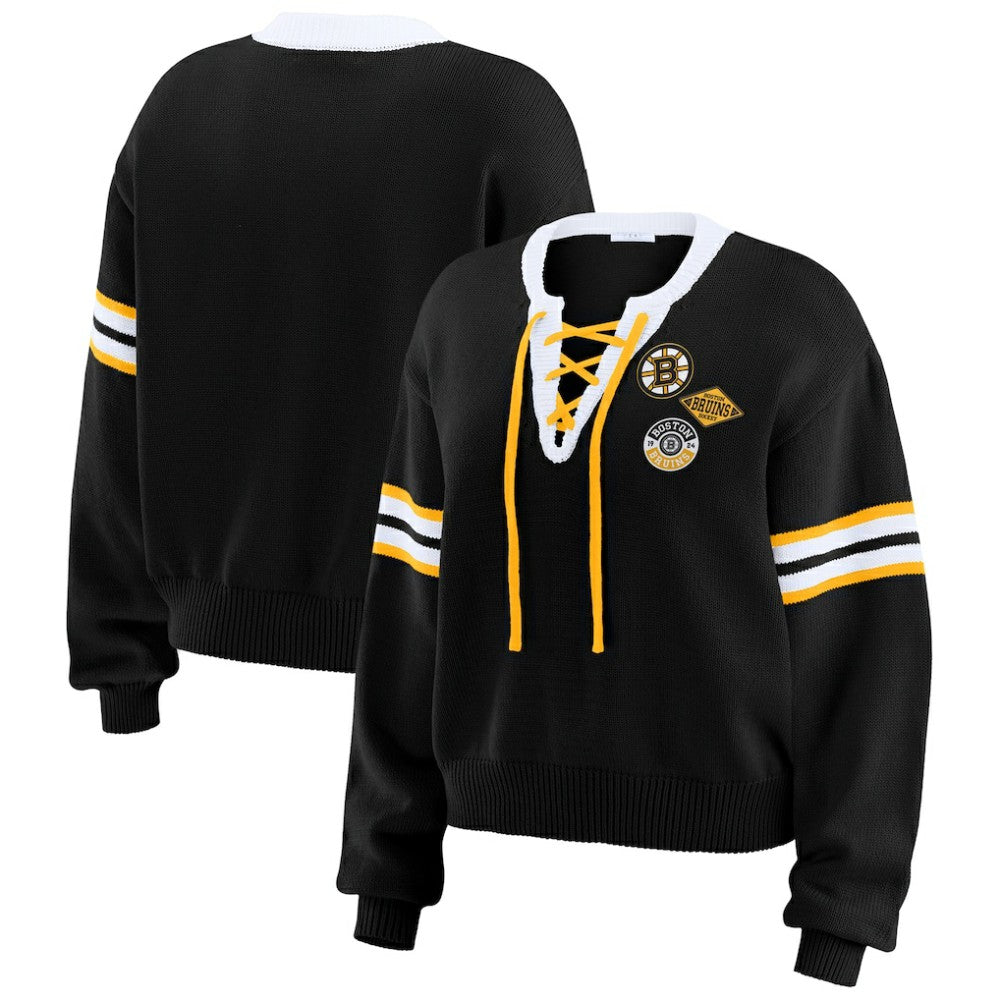 Boston Bruins WEAR by Erin Andrews Women's Cropped Lace-Up Sweater - Black - NHL