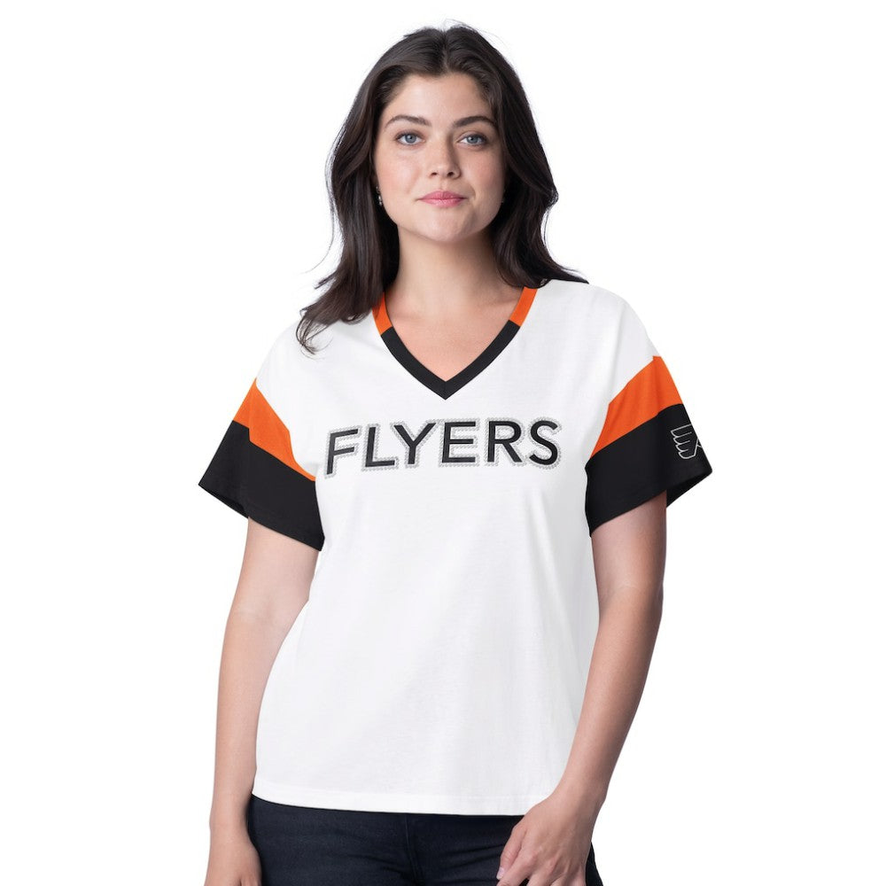 Philadelphia Flyers G-III 4Her by Carl Banks Women's Rink Oversized Rhinestone V-Neck T-Shirt - White - NHL