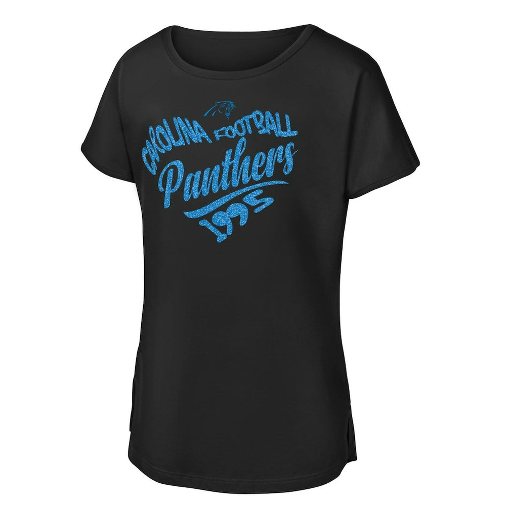 Carolina Panthers Girls Youth Script Heart Dolman T-Shirt Black | NFL