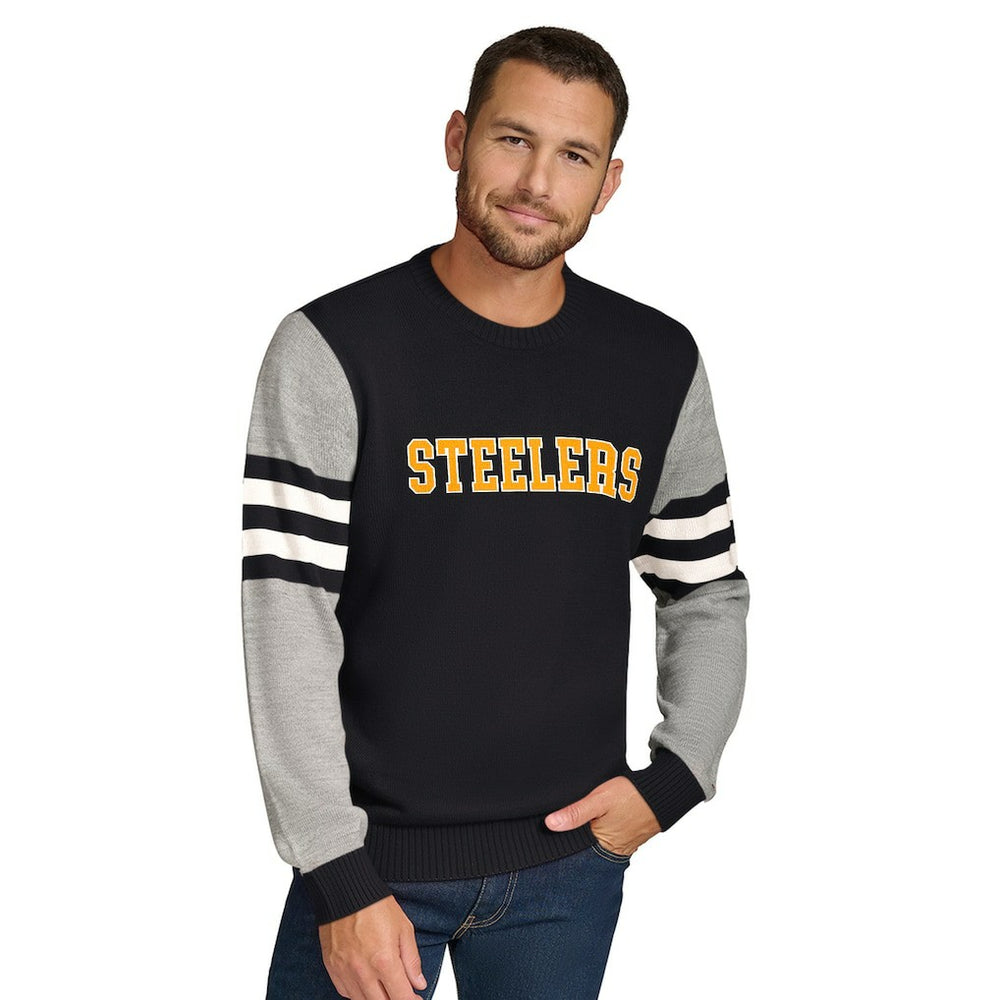 Pittsburgh Steelers Tommy Hilfiger Acrylic Crewneck Pullover Sweater Black/Heather Gray | NFL