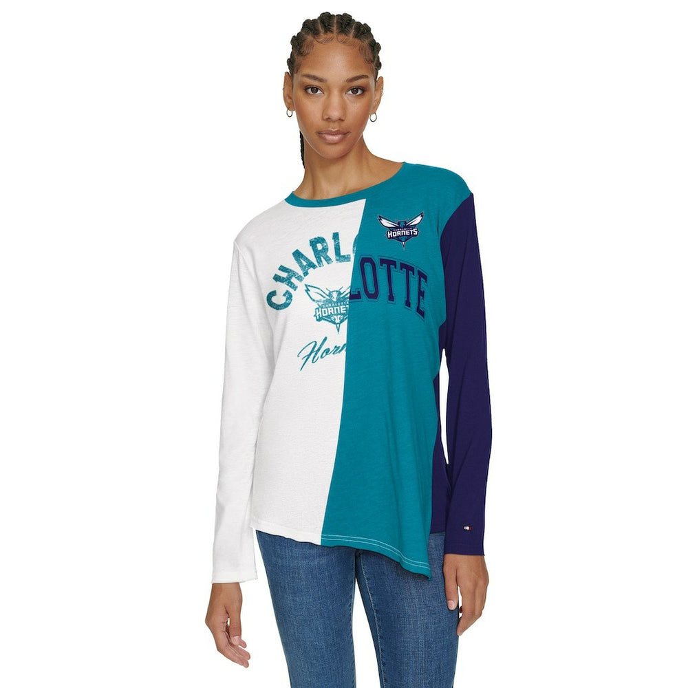 Charlotte Hornets Tommy Jeans Women's Amelia Color Blocked Long Sleeve T-Shirt White/Teal - NBA