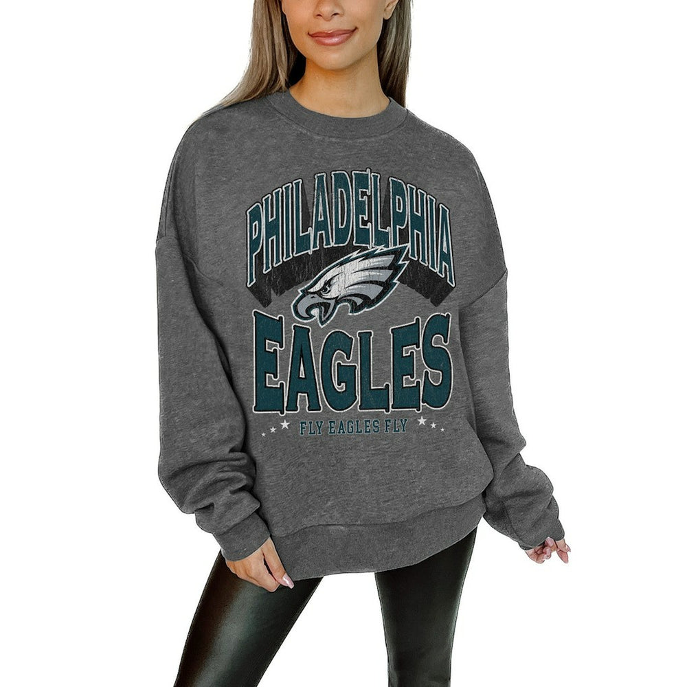 Philadelphia Eagles Gameday Couture Women's Oversized Long Weekend Premium Fleece Drop Shoulder Pullover Sweatshirt Charcoal | NFL