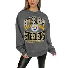 Pittsburgh Steelers Gameday Couture Women's Oversized Long Weekend Premium Fleece Drop Shoulder Pullover Sweatshirt Charcoal | NFL