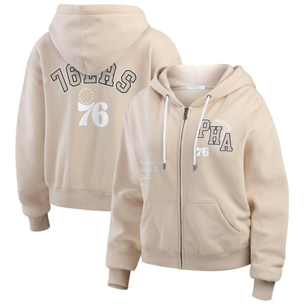 Philadelphia 76ers WEAR by Erin Andrews Women's Tonal Felt Patch Full-Zip Hoodie Tan - NBA
