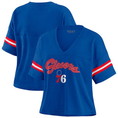 Philadelphia 76ers WEAR by Erin Andrews Women's Color Block Boxy V-Neck T-Shirt Royal - NBA