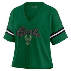 Milwaukee Bucks WEAR by Erin Andrews Women's Plus Size Color Block Boxy V-Neck T-Shirt Hunter Green - NBA