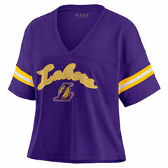 Los Angeles Lakers WEAR by Erin Andrews Women's Plus Size Color Block Boxy V-Neck T-Shirt Purple - NBA