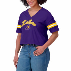 Los Angeles Lakers WEAR by Erin Andrews Women's Plus Size Color Block Boxy V-Neck T-Shirt Purple - NBA