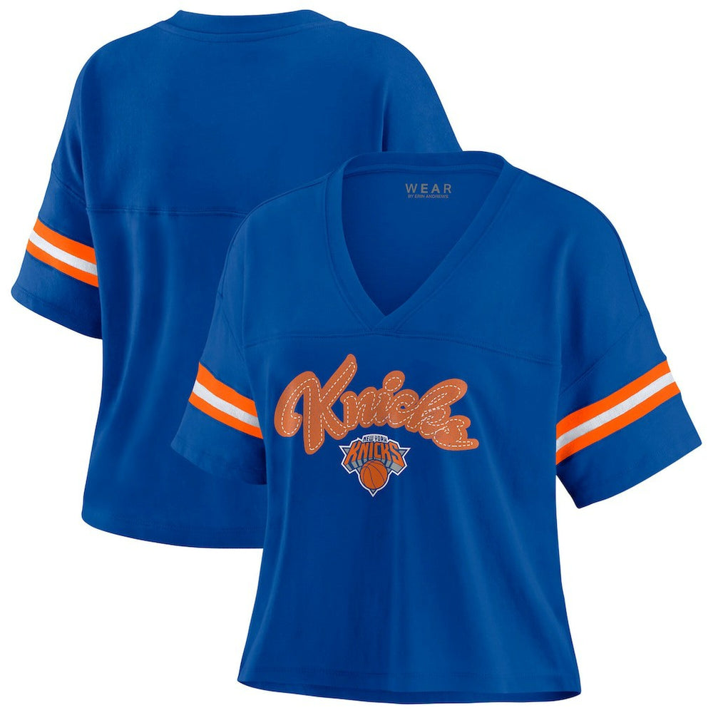 New York Knicks WEAR by Erin Andrews Women's Plus Size Color Block Boxy V-Neck T-Shirt Blue - NBA