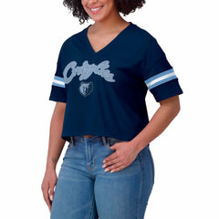 Memphis Grizzlies WEAR by Erin Andrews Women's Plus Size Color Block Boxy V-Neck T-Shirt Navy - NBA