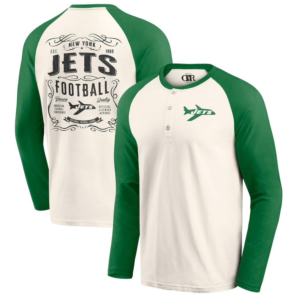 New York Jets Darius Rucker Collection Raglan Henley Long Sleeve T-Shirt Cream/Green | Fanatics