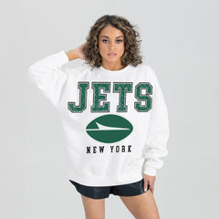 New York Jets Gameday Couture Women's Sunday Drives Oversized Crewneck Pullover Sweatshirt White | NFL