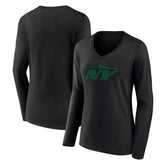 New York Jets Women's Secondary Logo Long Sleeve V-Neck T-Shirt Black | NFL
