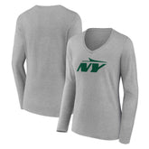 New York Jets Women's Secondary Logo Long Sleeve V-Neck T-Shirt Gray | NFL