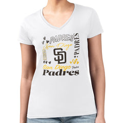 San Diego Padres G-III 4Her by Carl Banks Women's Super-Slim Fit Lightweight Collage Team Graphic V-Neck T-Shirt - MLB