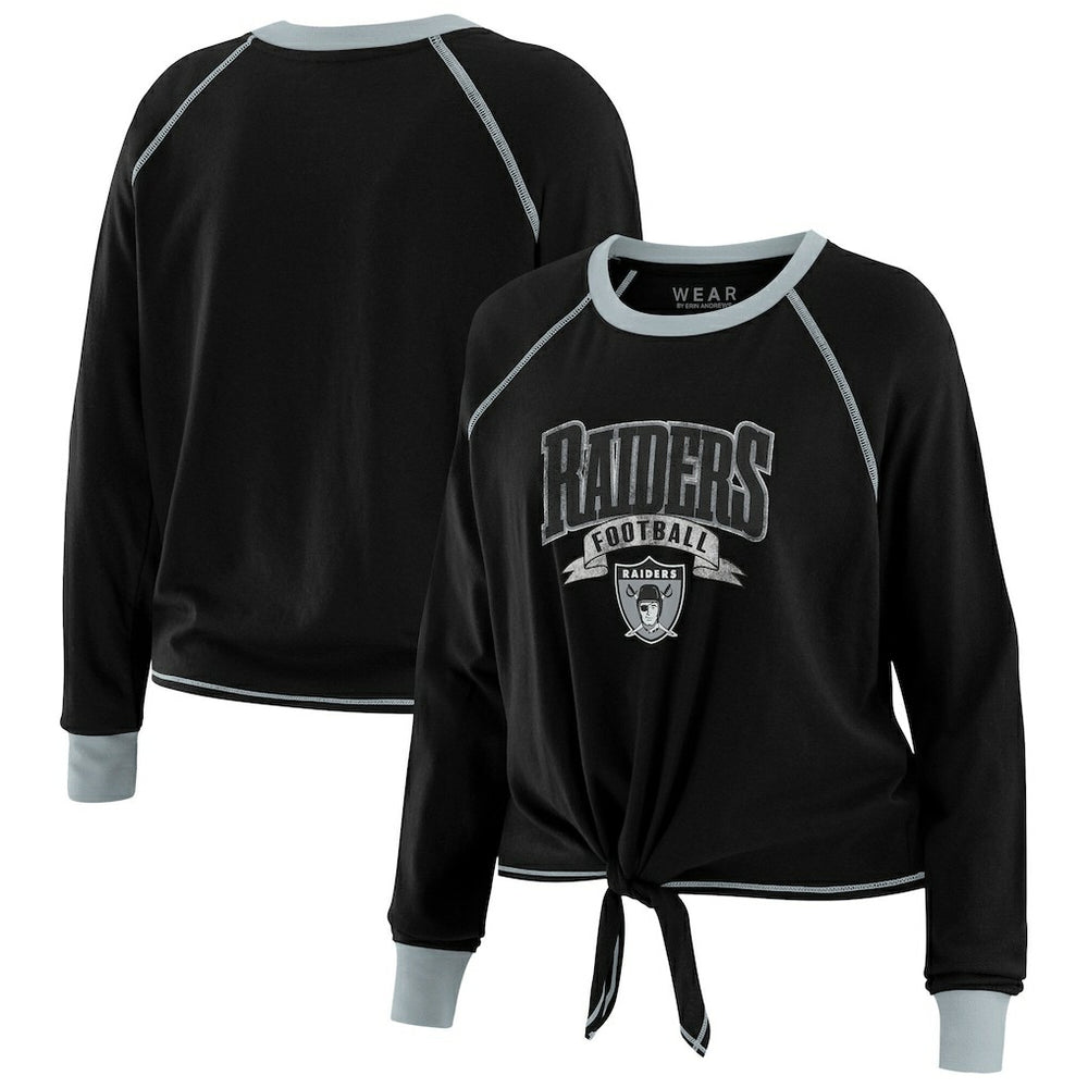 Las Vegas Raiders WEAR by Erin Andrews Women's Tie-Front Long Sleeve Top Black/Gray | NFL