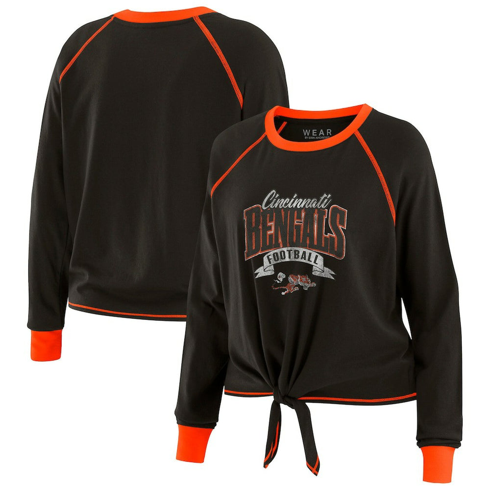 Cincinnati Bengals WEAR by Erin Andrews Women's Tie-Front Long Sleeve Top Black/Orange | NFL