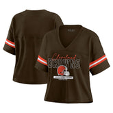 Cleveland Browns WEAR by Erin Andrews Women's Color Block Boxy Modest Crop V-Neck T-Shirt Brown | NFL