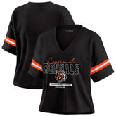 Cincinnati Bengals WEAR by Erin Andrews Women's Color Block Boxy Modest Crop V-Neck T-Shirt Black | NFL