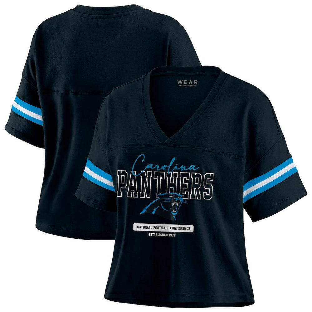Carolina Panthers WEAR by Erin Andrews Women's Color Block Boxy Modest Crop V-Neck T-Shirt Black | NFL