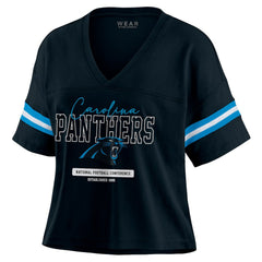 Carolina Panthers WEAR by Erin Andrews Women's Color Block Boxy Modest Crop V-Neck T-Shirt Black | NFL