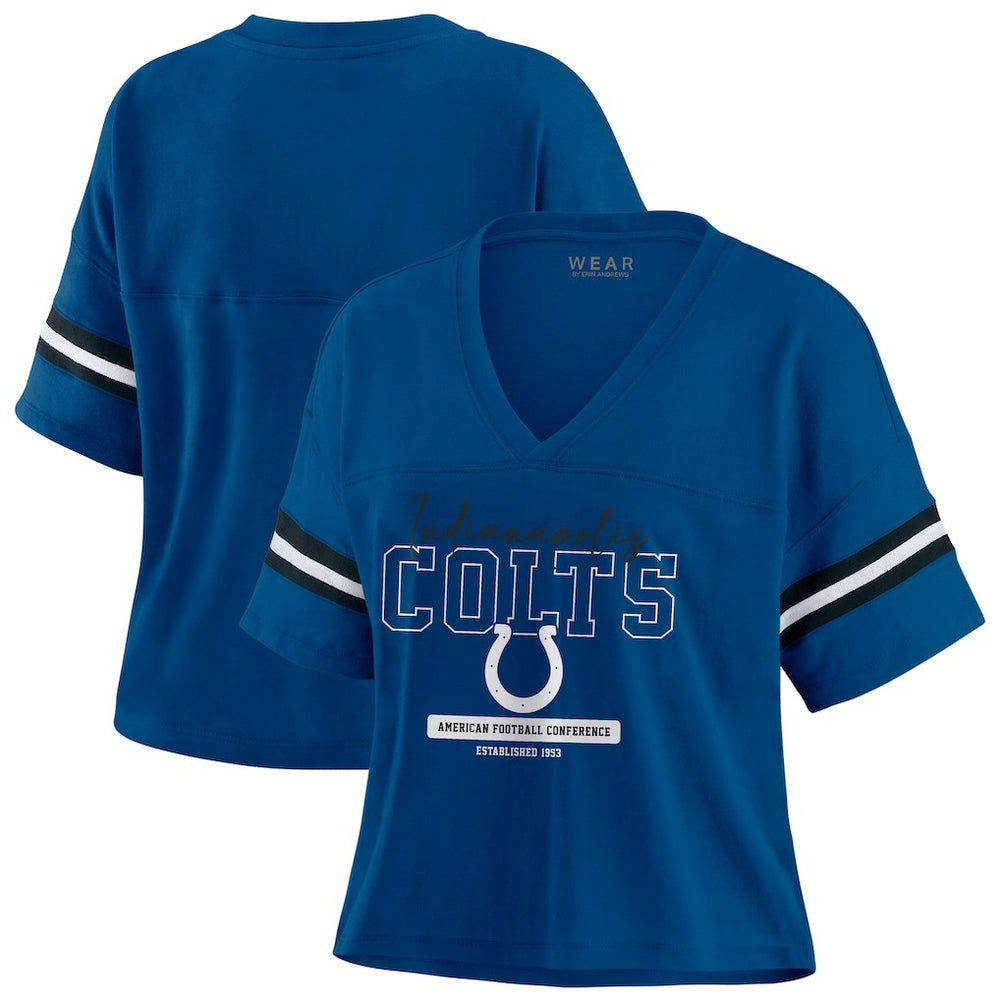 Indianapolis Colts WEAR by Erin Andrews Women's Color Block Boxy Modest Crop V-Neck T-Shirt Royal | NFL