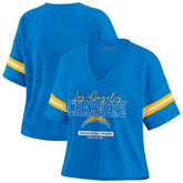 Los Angeles Chargers WEAR by Erin Andrews Women's Color Block Boxy Modest Crop V-Neck T-Shirt Powder Blue | NFL