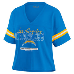 Los Angeles Chargers WEAR by Erin Andrews Women's Color Block Boxy Modest Crop V-Neck T-Shirt Powder Blue | NFL