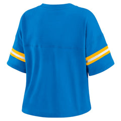 Los Angeles Chargers WEAR by Erin Andrews Women's Color Block Boxy Modest Crop V-Neck T-Shirt Powder Blue | NFL