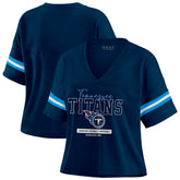 Tennessee Titans WEAR by Erin Andrews Women's Color Block Boxy Modest Crop V-Neck T-Shirt Navy | NFL