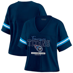 Tennessee Titans WEAR by Erin Andrews Women's Color Block Boxy Modest Crop V-Neck T-Shirt Navy | NFL