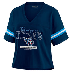 Tennessee Titans WEAR by Erin Andrews Women's Color Block Boxy Modest Crop V-Neck T-Shirt Navy | NFL