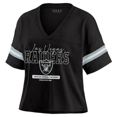 Las Vegas Raiders WEAR by Erin Andrews Women's Color Block Boxy Modest Crop V-Neck T-Shirt Black | NFL