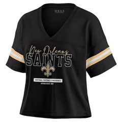 New Orleans Saints WEAR by Erin Andrews Women's Color Block Boxy Modest Crop V-Neck T-Shirt Black | NFL