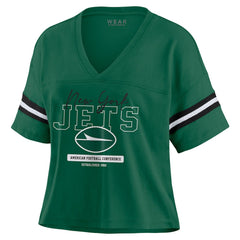 New York Jets WEAR by Erin Andrews Women's Color Block Boxy Modest Crop V-Neck T-Shirt Green | NFL