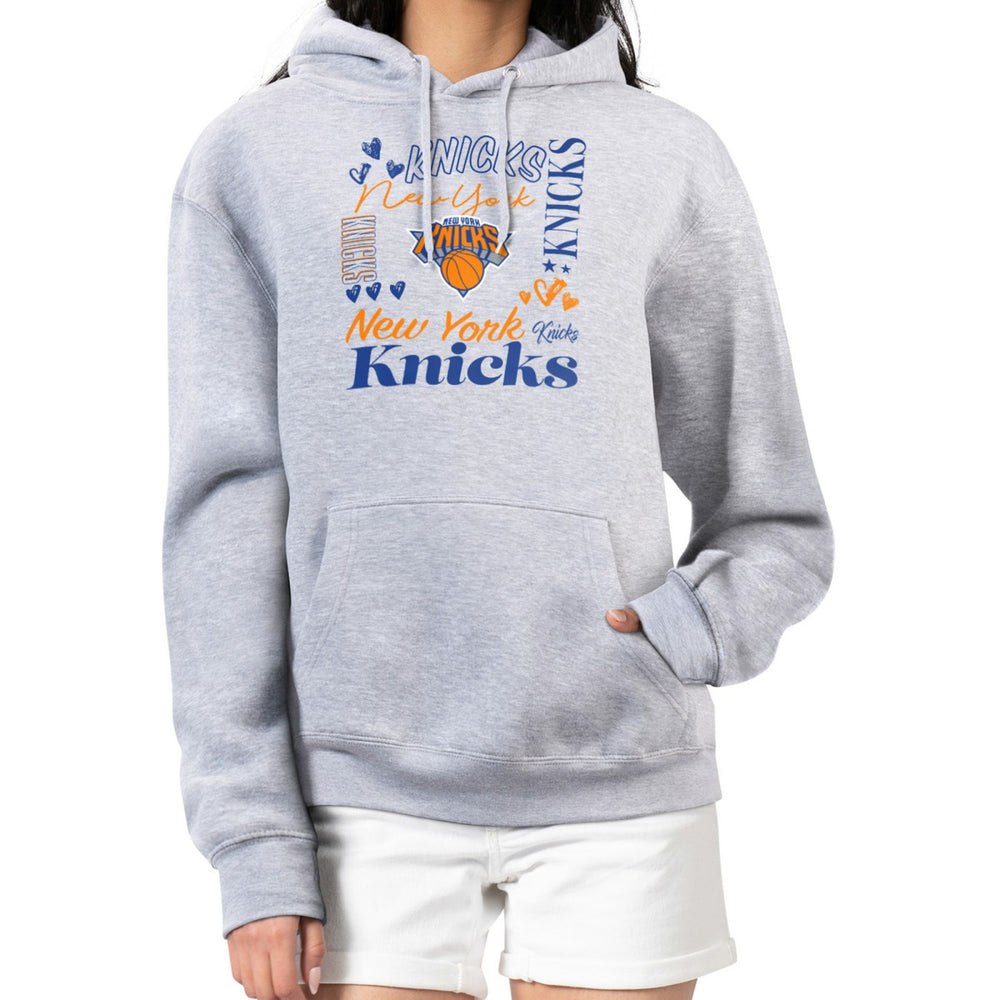New York Knicks G-III 4Her by Carl Banks Women's Team Collage Graphic Fleece Pullover Hoodie Heather Gray - NBA