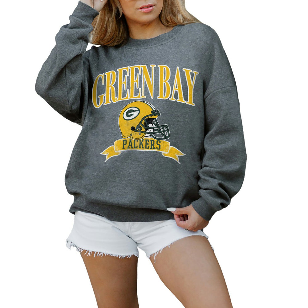 Green Bay Packers Gameday Couture Women's Oversized Seal The Deal Premium Fleece Drop Shoulder Pullover Sweatshirt Charcoal | NFL