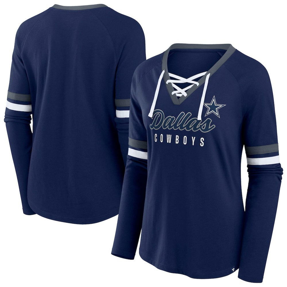 Dallas Cowboys Women's Plus Size Won & Done Lace-Up V-Neck Long Sleeve T-Shirt Navy | Fanatics