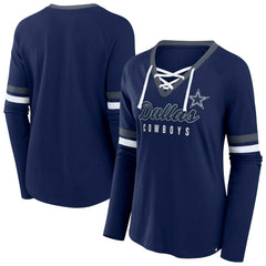 Dallas Cowboys Women's Plus Size Won & Done Lace-Up V-Neck Long Sleeve T-Shirt Navy | Fanatics