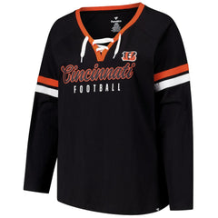 Cincinnati Bengals Women's Plus Size Won & Done Lace-Up V-Neck Long Sleeve T-Shirt Black | Fanatics