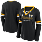 Pittsburgh Steelers Women's Plus Size Won & Done Lace-Up V-Neck Long Sleeve T-Shirt Black | Fanatics