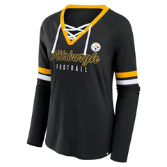 Pittsburgh Steelers Women's Plus Size Won & Done Lace-Up V-Neck Long Sleeve T-Shirt Black | Fanatics
