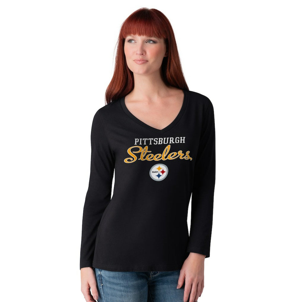 Pittsburgh Steelers G-III 4Her by Carl Banks Women's Post Season Long Sleeve V-Neck T-Shirt Black | NFL