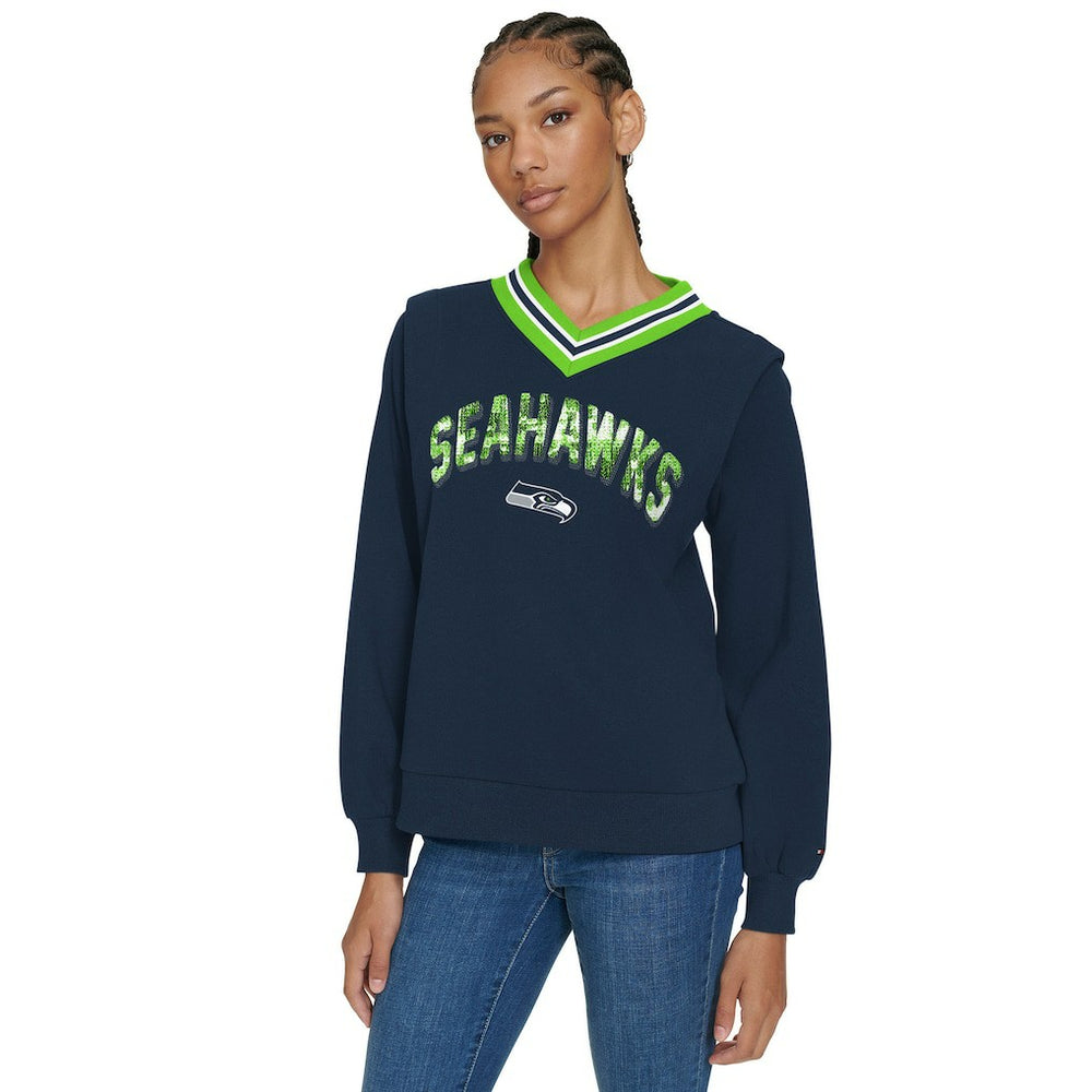 Seattle Seahawks Tommy Hilfiger Women's Alice V-Neck Pullover Sweatshirt Navy | NFL